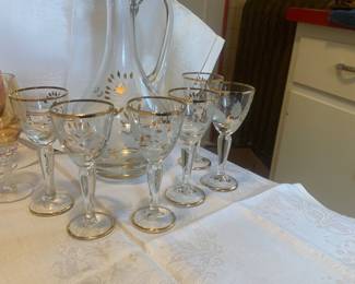 Vintage glass wine decanter and wine glasses