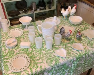 Milk glass pitcher and glasses, misc pieces of milk glass, vintage chickens.