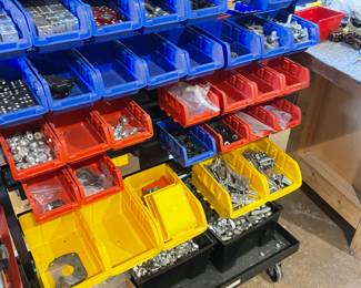 Bins filled with hardware, aluminum drum accents & more!