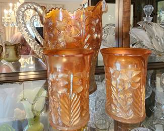 Imperial merigold carnival glass pitcher and two tumblers