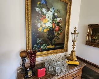 Lexington sideboard, huge oil painting, crystal punch bowl set