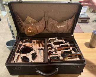Victorian dresser set in traveling leather suitcase, beautiful set stunning