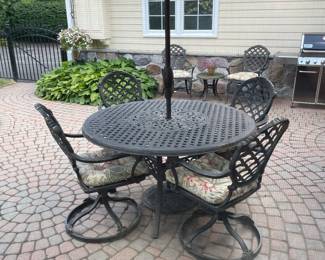 48" round patio table with 4 rocker chairs, umbrella stand and umbrella