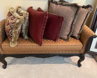 Upholstered bench by Ethan Allen and occasional pillows with fringe and velvet