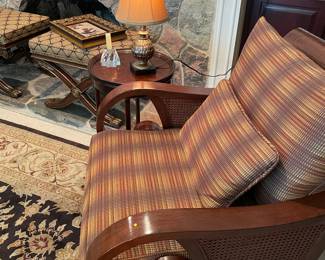 Another view of the curved arm accent chair by Ethan Allen - pair available. Side table with pineapple lamp, upholstered benches/stools by Ethan Allen (matched set)