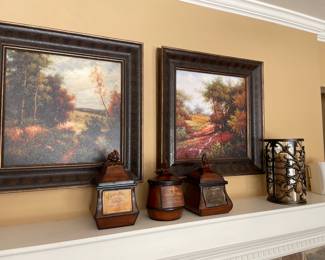 Framed pair of prints, metal storage urns, metal/glass pillar candle holder