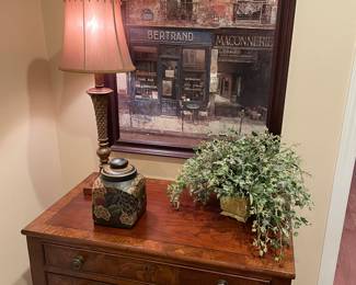 2-drawer console table with curved legs by Ethan Allen - gorgeous entryway piece, nightstand or side table - very versatile! Framed print, faux plant, lamp and decor