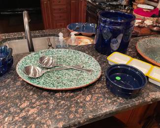 Blue glass ice bucket/wine cooler, wine coaster, and platter with stainless steel servers