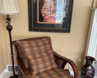 Ethan Allen wood accent chair (pair available). Chair has can side and back, curved wood arms - beautiful set. Also floor lamp, and framed print