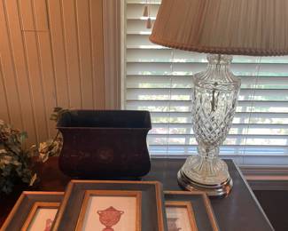 Crystal lamp, metal planter and set of 3 framed prints