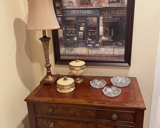 2-drawer console table with curved legs by Ethan Allen - gorgeous entryway piece, nightstand or sidetable - very versatile! Framed mirror, lamp, Waterford dishes, and ivory alabaster urn and covered dish.