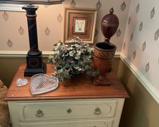 3-drawer dresser/nightstand by Ethan Allen, lamp, decor and Waterford dishes