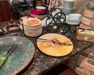 Charcuterie ware, appetizer plates, metal wine holder and more