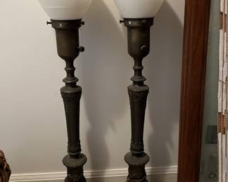 Lot 256 | Pair Antique Milkglass Brass Marble Lamps