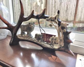 Moose Antler Mama Bear with Cub Carving
