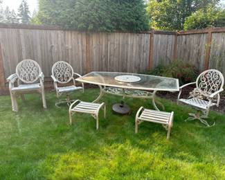 White Wrought Iron Patio Dining Table with Glass Top & Chairs