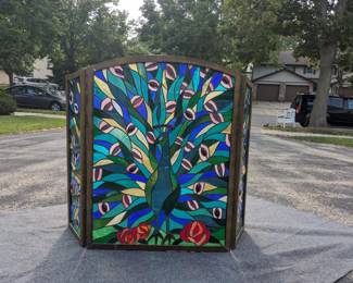 Peacock stained glass fireplace screen