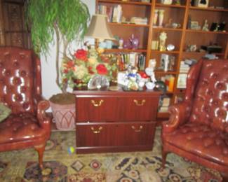 Matching leather wing back chairs - file cabinet - bookend