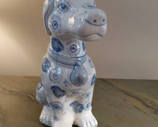 Hand Painted Blue And White Porcelain Dog Vintage Antique