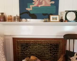 Living room, original art of children in wagon.
