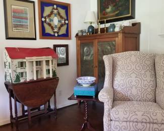 Small English oak drop leaf with vintage dollhouse.