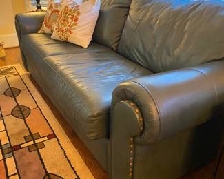 Gorgeous Green Leather Sofa with Nailhead Accents