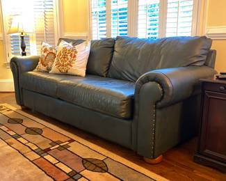 Gorgeous Green Leather Sofa with Nailhead Accents