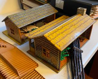 Vintage Marx Tin Log Homes w Fences + Accessories