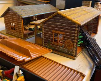 Vintage Marx Tin Log Homes w Fences + Accessories