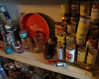 beer cans, liquor decanters