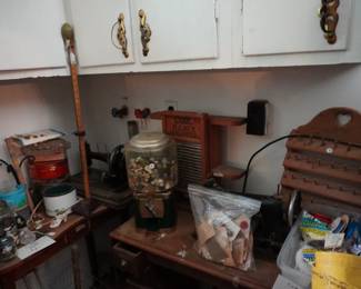 buttons, wash board, thread holder