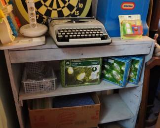 typewriter, toys, shelf