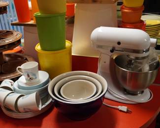 Kitchen Aid Mixer, Corelle Light House dishes, Tupperware canisters, bowls
