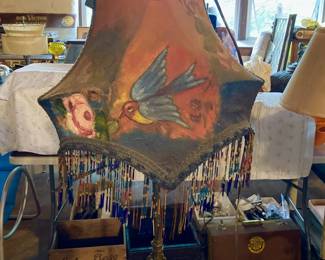 painted 1920's lamp shade on floor lamp