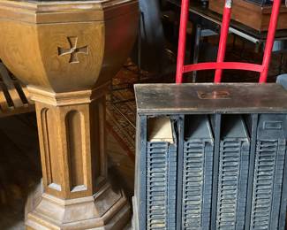 NCR receipt file, oak baptismal font