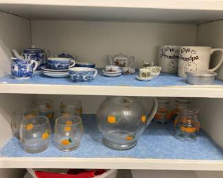 bottom: citrus glass sets top: Occupied Japan blue and white children's tea set and other kids items