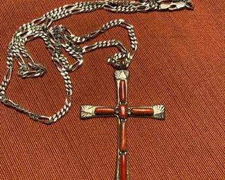 Zuni sterling and coral cross signed
