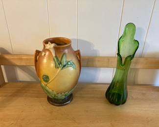 Roseville vase and vintage glass vase