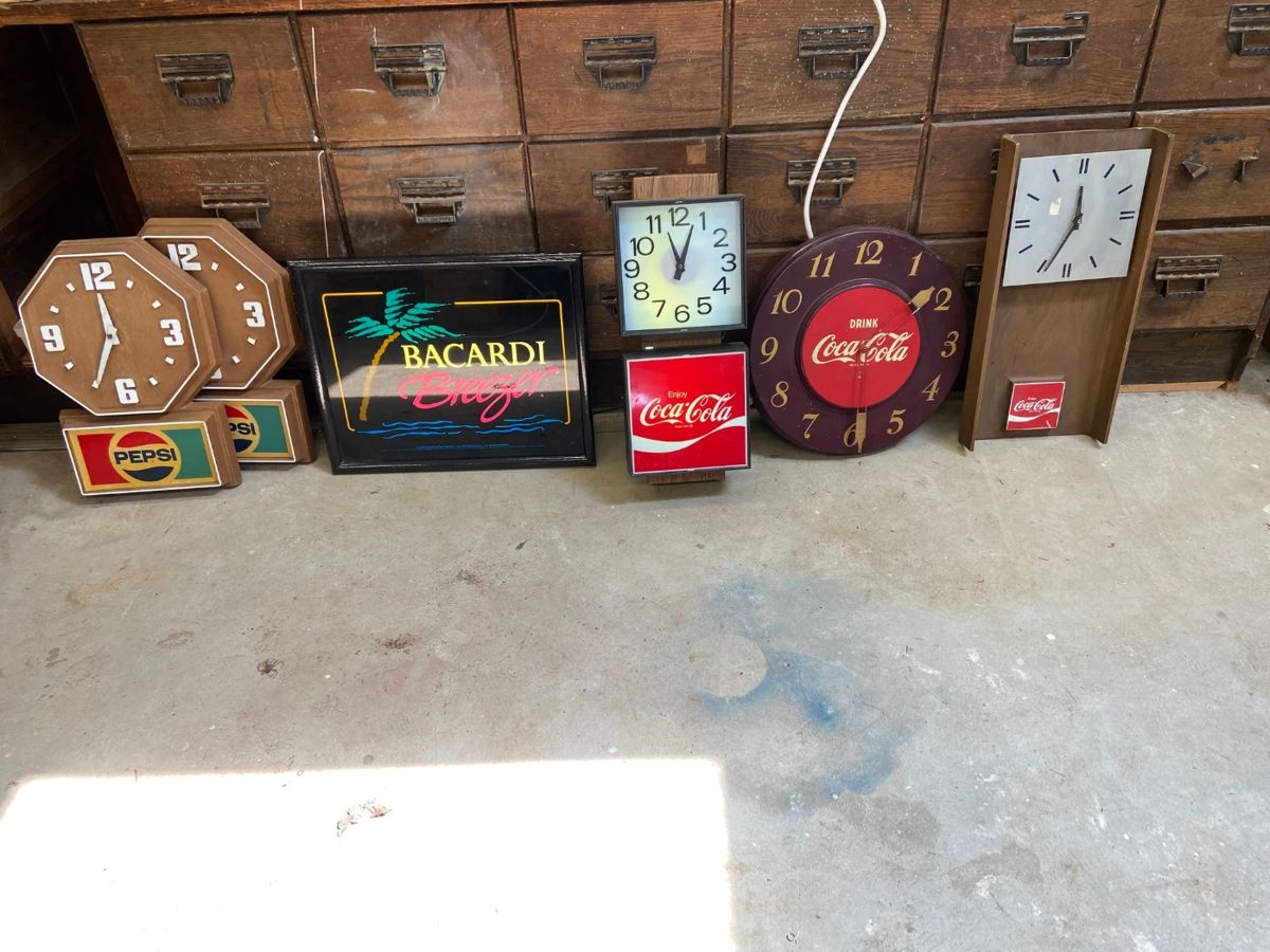 collectible pepsi, bacardi, coca cola signs/clocks