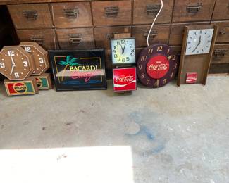 collectible pepsi, bacardi, coca cola signs/clocks