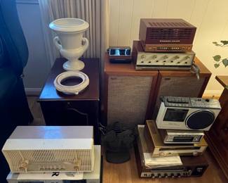 lots of vintage stereo systems, radios and fans