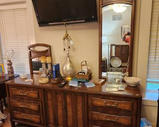 Bedroom #1: MCM bedroom set (headboard, 1 tall dresser, 1 long dresser, 2 night tables & 2 mirrors. MCM bedroom set by Red Lion Table Co.