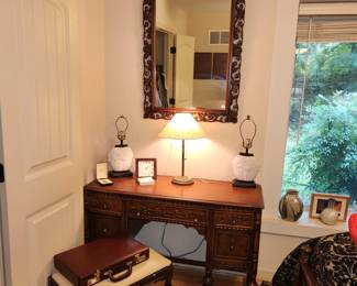 Bedroom #2: Carved antique bedroom set (headboard, dresser w mirror, tall dresser, desk/vanity w bench, 2 night stands and 1 wall mirror)