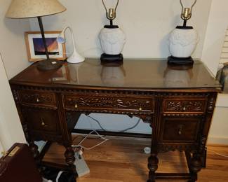 Bedroom #2: Carved antique bedroom set (headboard, dresser w mirror, tall dresser, desk/vanity w bench, 2 night stands and 1 wall mirror)