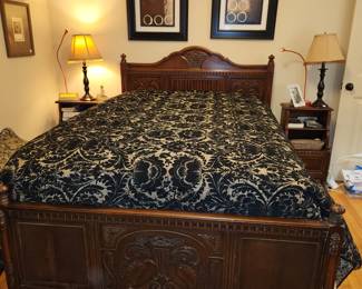 Bedroom #2: Carved antique bedroom set (headboard, dresser w mirror, tall dresser, desk/vanity w bench, 2 night stands and 1 wall mirror)