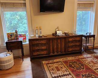 Bedroom #1: MCM bedroom set (headboard, 1 tall dresser, 1 long dresser, 2 night tables & wall mirror. MCM bedroom set by Red Lion Table Co.