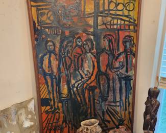 Oil on canvas painting by Hans Bos, "Gathering at the Bar"