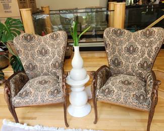 pair carved chairs, recently re-upholstered