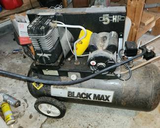 BlackMax 5 HP, 25 gallon compressor, works perfectly, comes with hose.  220 volt outlet required