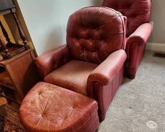 Pair leather chairs w 1 foot rest. Need reconditioning